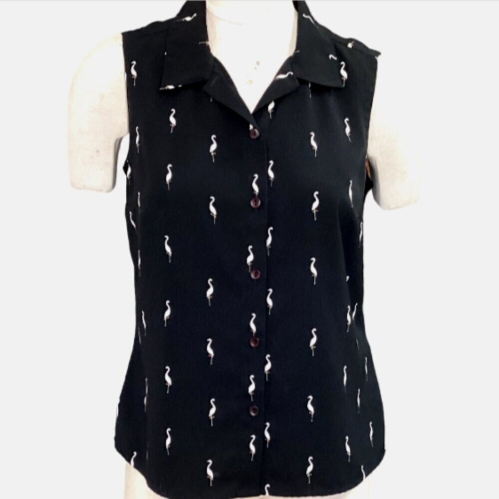 EP Pro Sleeveless Button-Up Golf Top Swan Novelty Print Sz M Black & White 175F